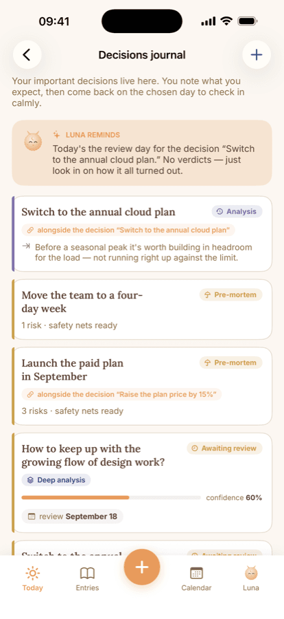 The decision journal in Lanternly's Decisions path