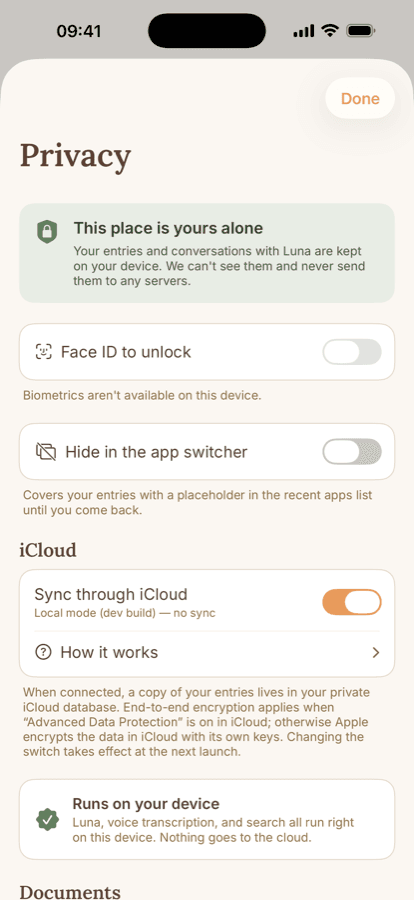 Privacy settings in Lanternly showing on-device processing and iCloud status