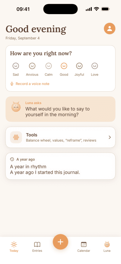 Lanternly on iPhone: the Today screen with Luna's question of the day and a mood picker