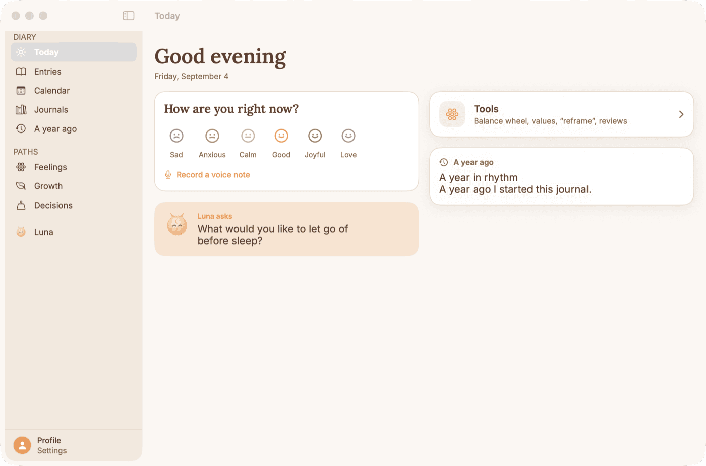 Lanternly on Mac: the Today screen with sidebar
